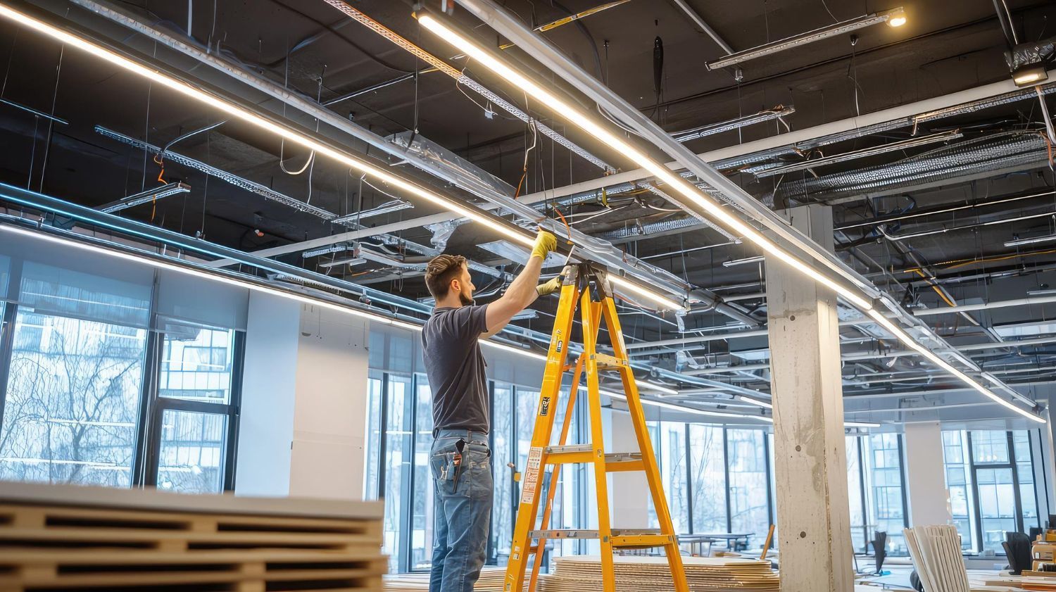 Man on a ladder installing linear lights in an office with large windows and construction materials.