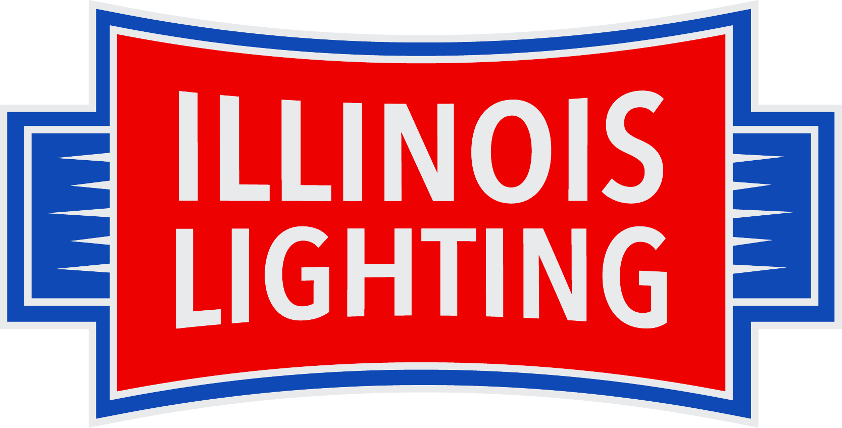 Illinois Lighting logo: White text on a red, slightly curved rectangle within a blue border.
