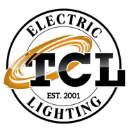 TCL Electrical and Lighting logo with black letters and gold swirl design.