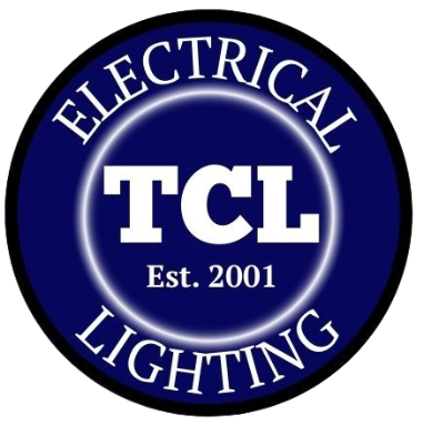 Logo for TCL Electrical Lighting: blue circle with white text and lightning bolt; "TCL" in bold, light-blue outline.