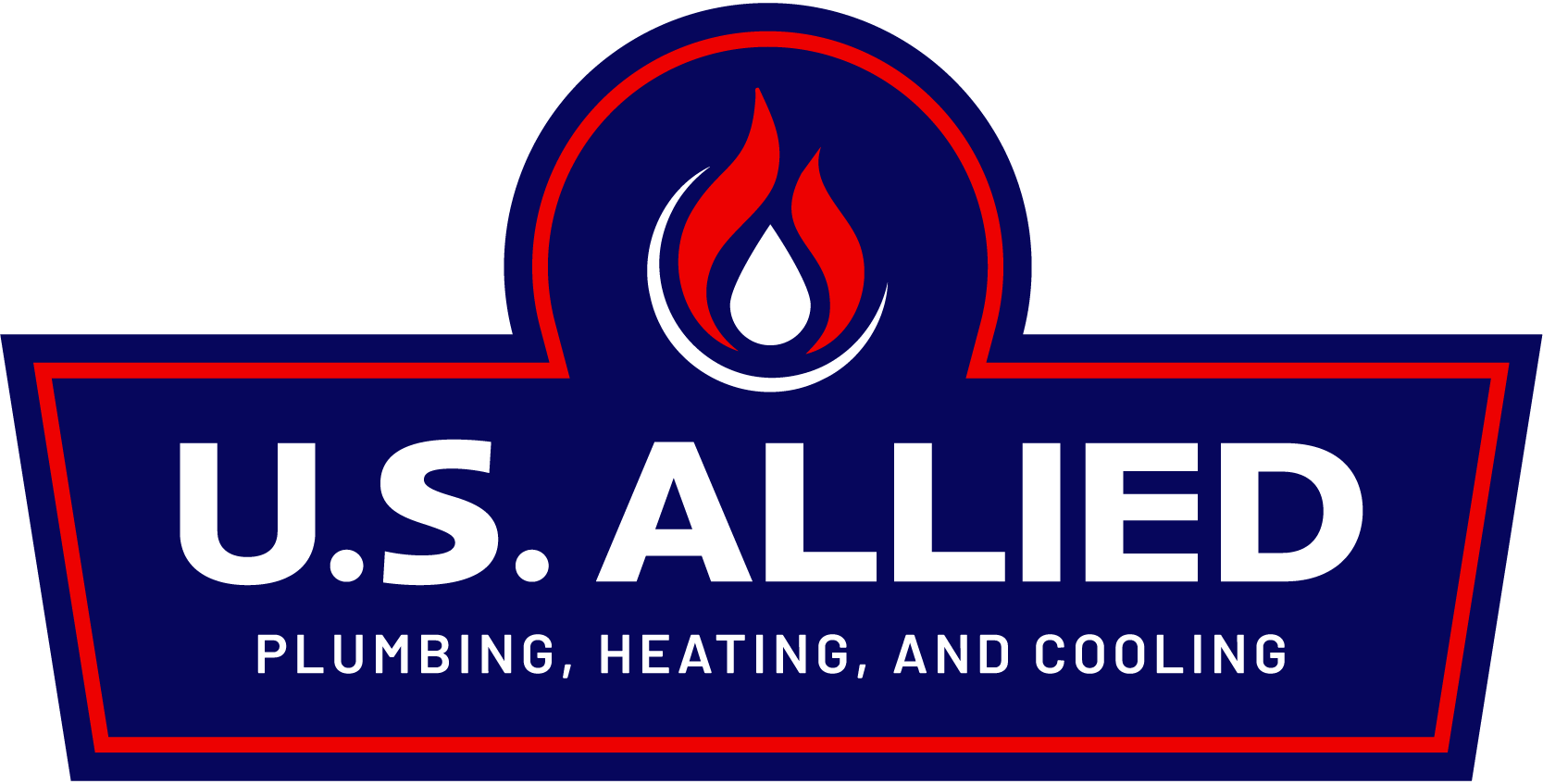 Logo for U.S. Allied: blue and red, with a flame icon and the words "U.S. ALLIED" and "PLUMBING, HEATING, AND COOLING."