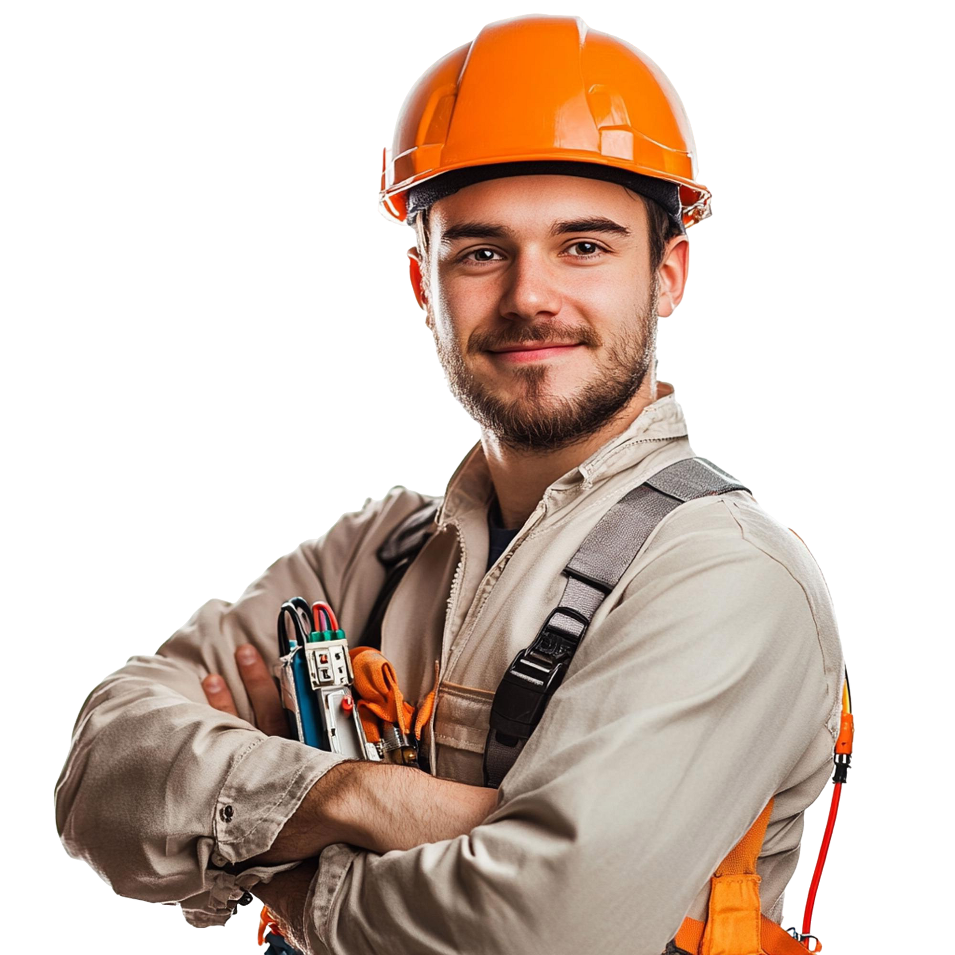 Construction worker with orange hard hat, arms crossed, smiling.