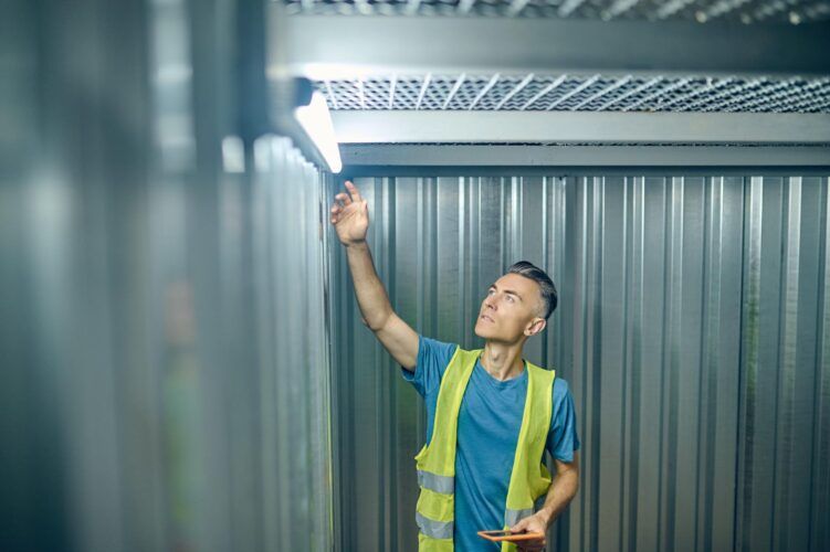 Man in safety vest checks a fluorescent light inside a storage unit.