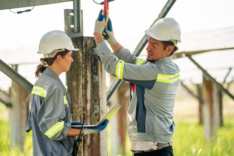 Two workers in hard hats inspect a solar panel, one holding a meter, the other a laptop, in a field.