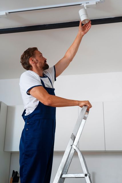 Man in blue overalls on a ladder, installing a light fixture on a white ceiling.