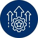 Gear with star, three upward arrows, blue circle.