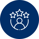 Person icon with three stars above, inside a blue circle.