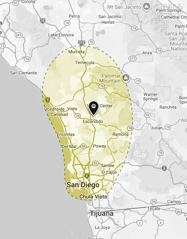 Map of Southern California with a highlighted yellow region around Escondido, near San Diego.