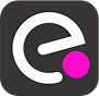 A white e with a pink circle in the middle on a black background.