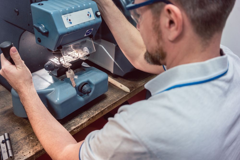 A Man Is Cutting A Key With A Machine — Port Macquarie Locksmiths In Harrington, NSW