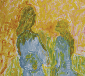 A painting of two women standing next to each other in a field.