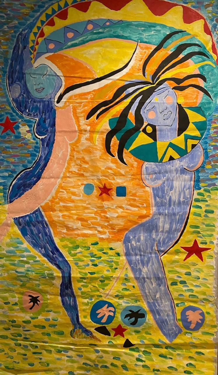 A colorful painting of a woman holding a baby in her arms.