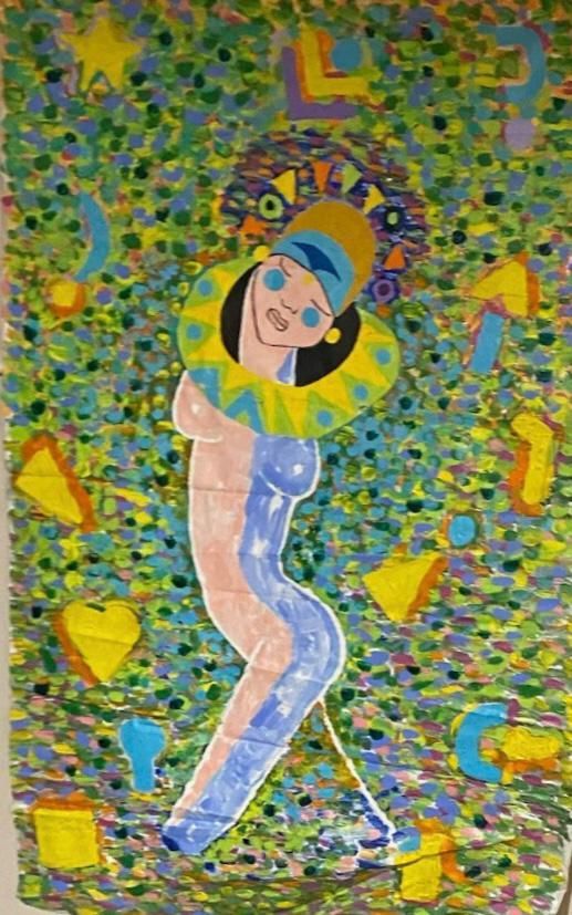 A colorful painting of a woman in a clown costume