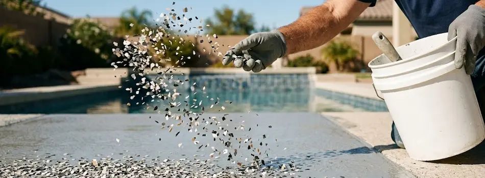 Pool cleaner brushing debris from a pool edge beside a white bucket