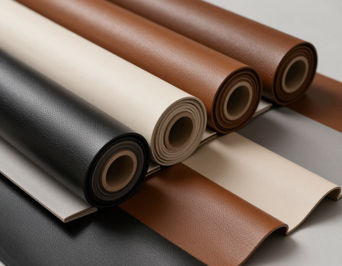 Láminas de cuero enrolladas en negro, beige y marrón dispuestas sobre una superficie gris.