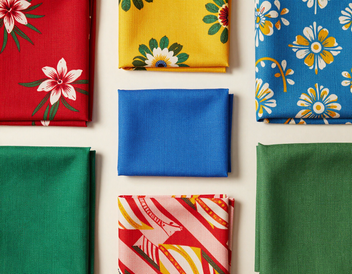 Cuadrados de tela plegados de colores dispuestos en una cuadrícula ordenada sobre un fondo blanco.
