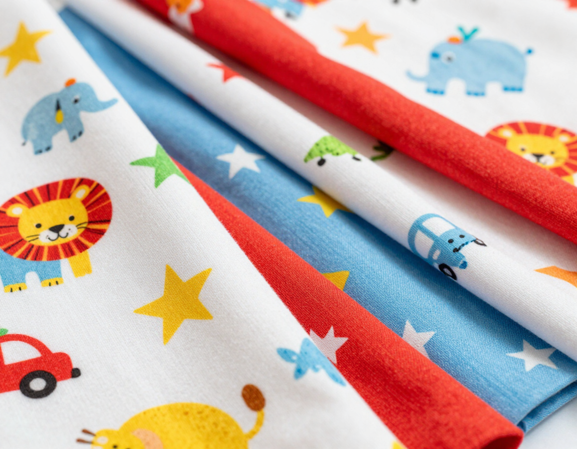 Tela colorida doblada con estrellas, leones, elefantes y coches sobre un fondo blanco.