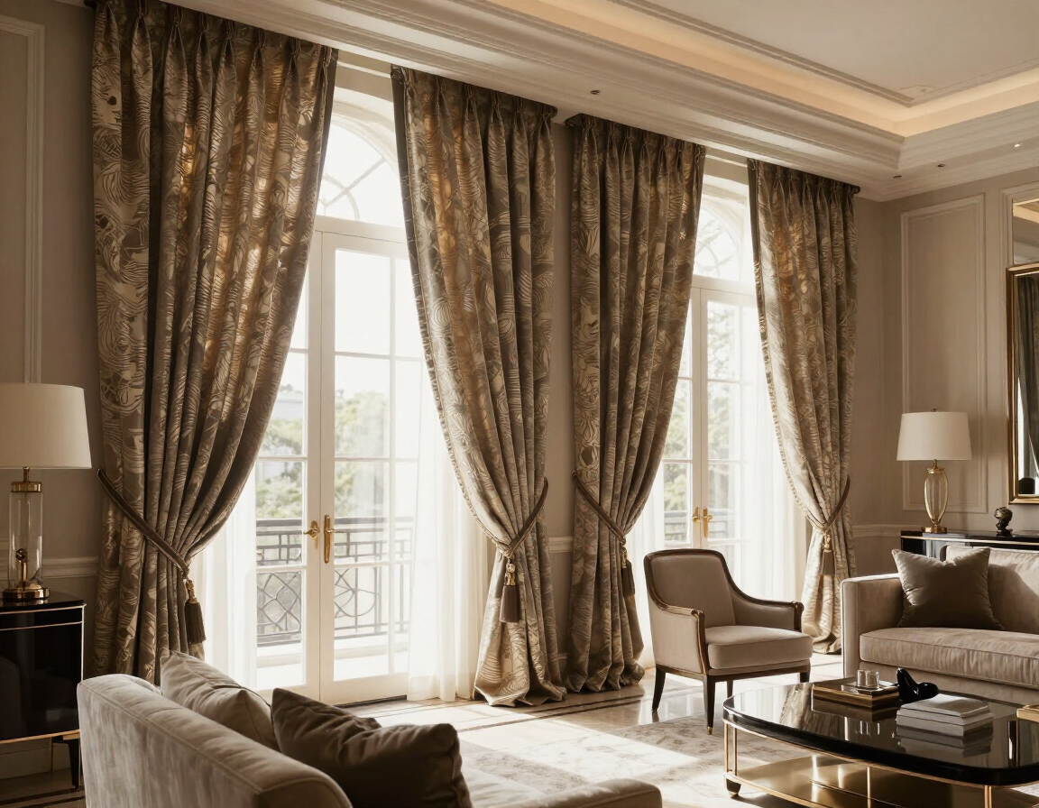 Elegante sala de estar con cortinas altas estampadas, grandes ventanales y sillones beige en tonos neutros cálidos.