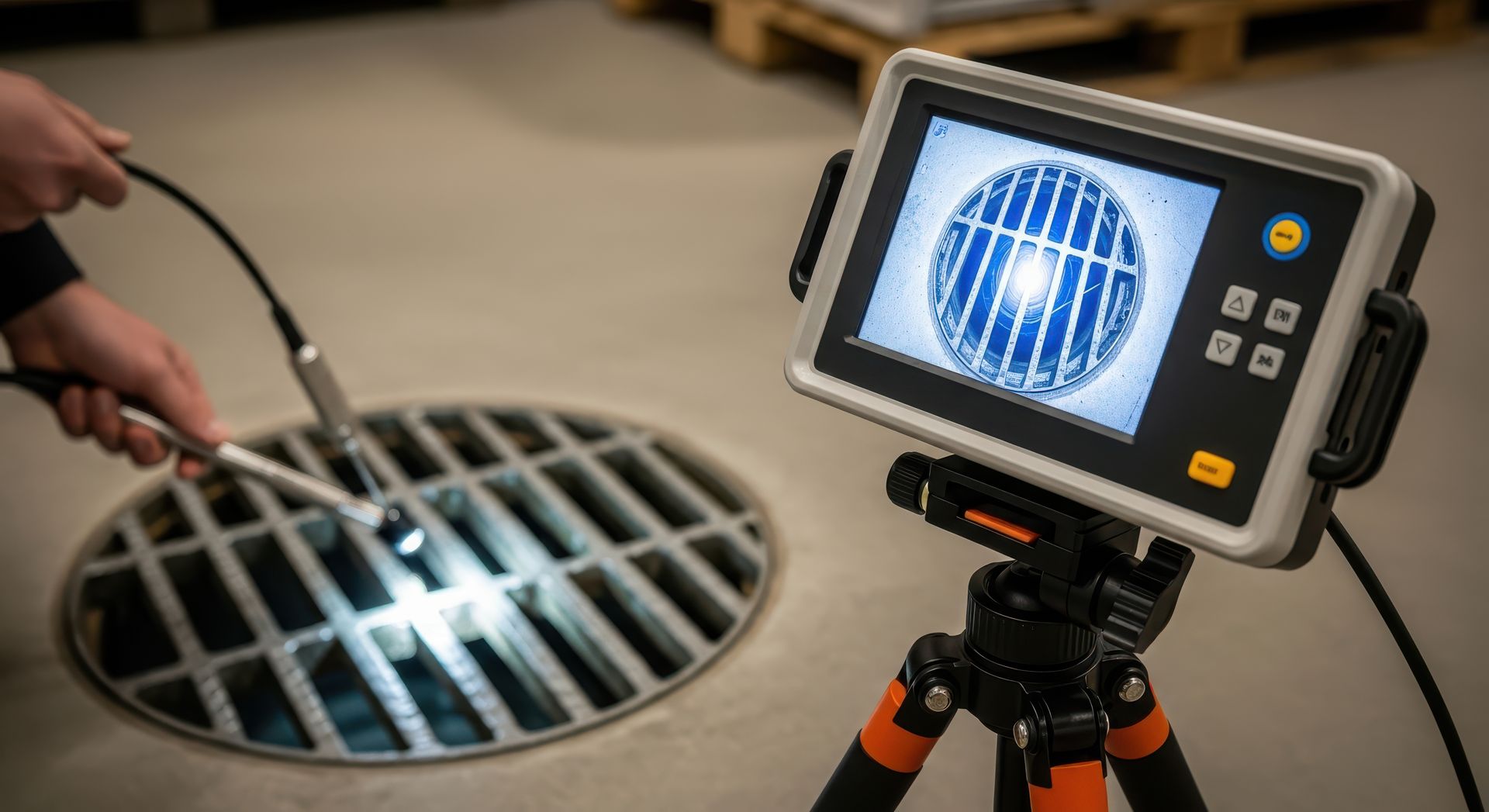 Inspector using a handheld camera to scan a metal drain grate; monitor on tripod shows the inspection view