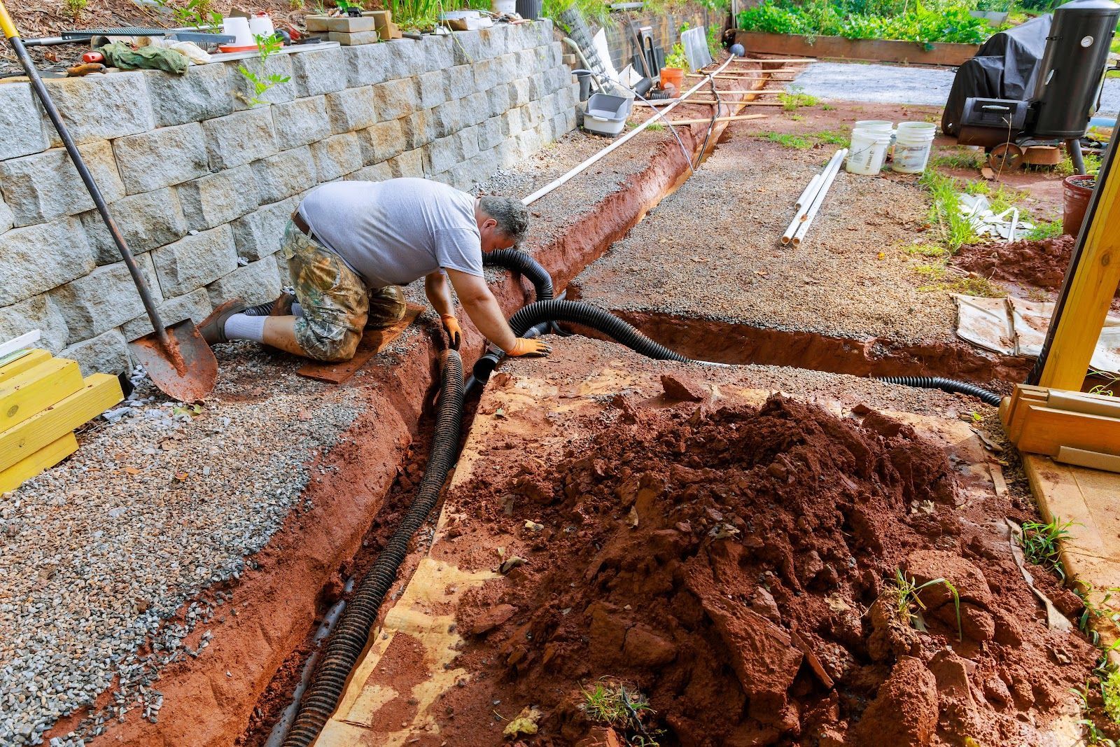 Worker laying black pipes in a gravel trench beside a stone wall at a construction site