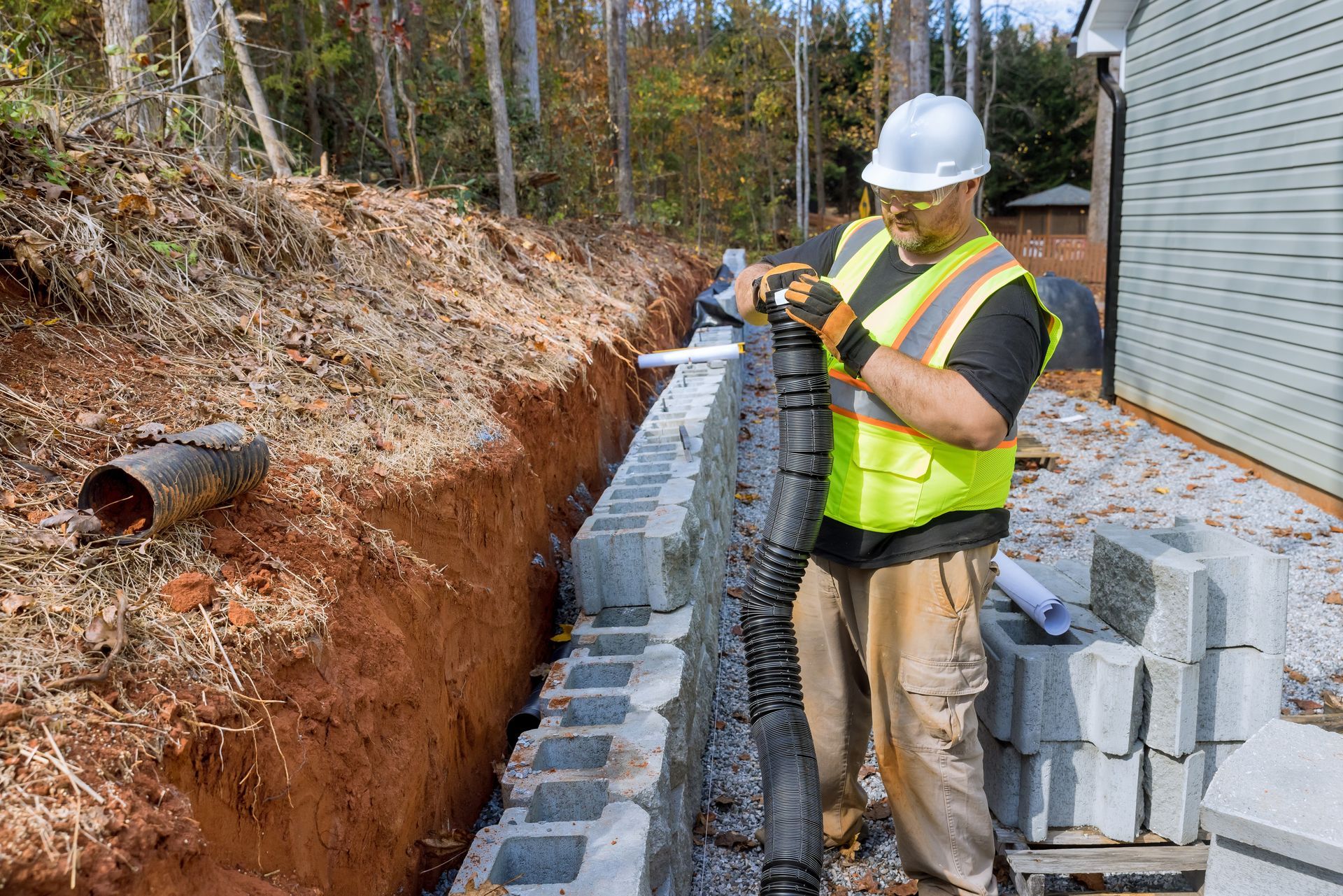A construction worker is standing in a trench next to a house.
