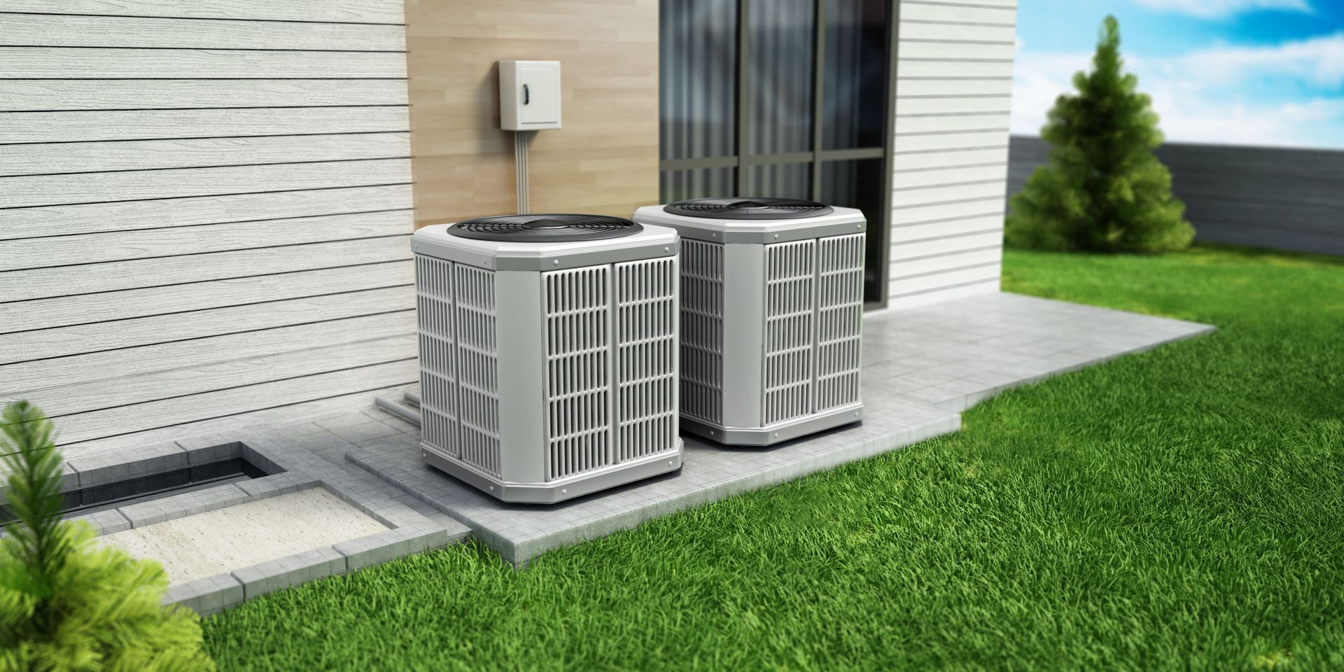 Two air conditioners are sitting on the side of a house.