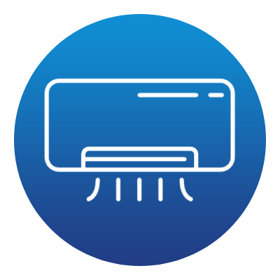 An air conditioner icon in a blue circle on a white background.