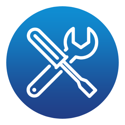 A wrench and screwdriver are crossed in a blue circle.