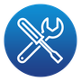 A wrench and screwdriver are crossed in a blue circle.