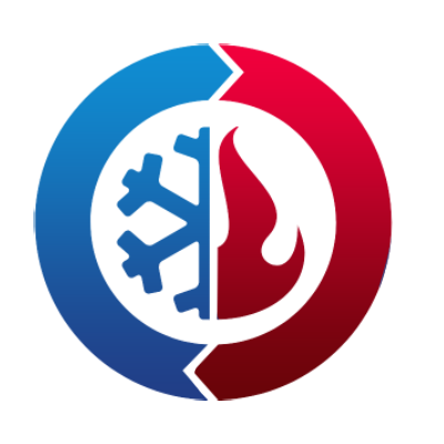 A blue and red circle with a snowflake and a fire in it