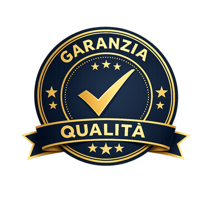 Sigillo di qualità blu navy e oro con segno di spunta e scritta in italiano “Garanzia Qualità”