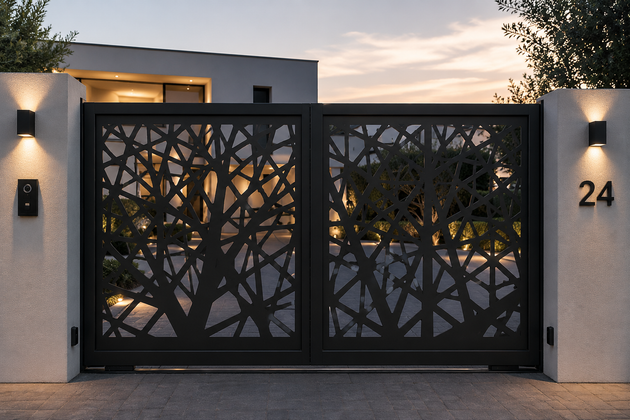 Ingresso di casa moderno con cancello metallico geometrico nero, numero civico 24 e calda illuminazione esterna al crepuscolo.