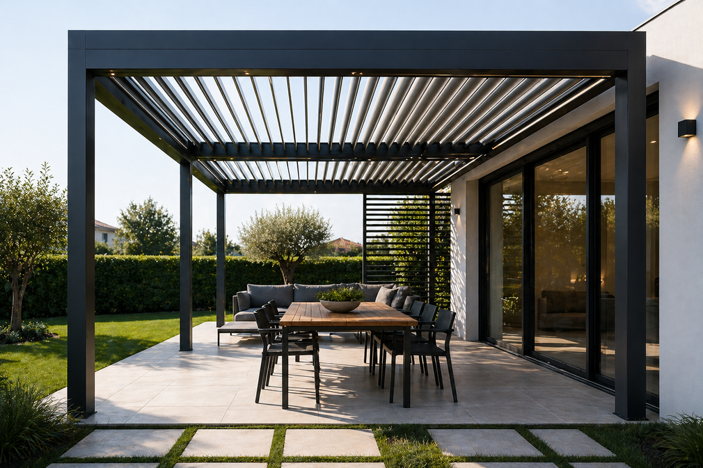Patio moderno con pergola nera, tavolo da pranzo e sedie accanto a un giardino curato.