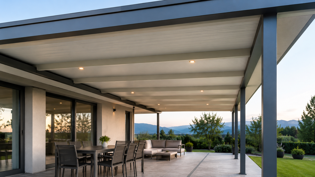 Patio moderno con tavolo da pranzo, sedie e vista sulle montagne sotto una tettoia al crepuscolo