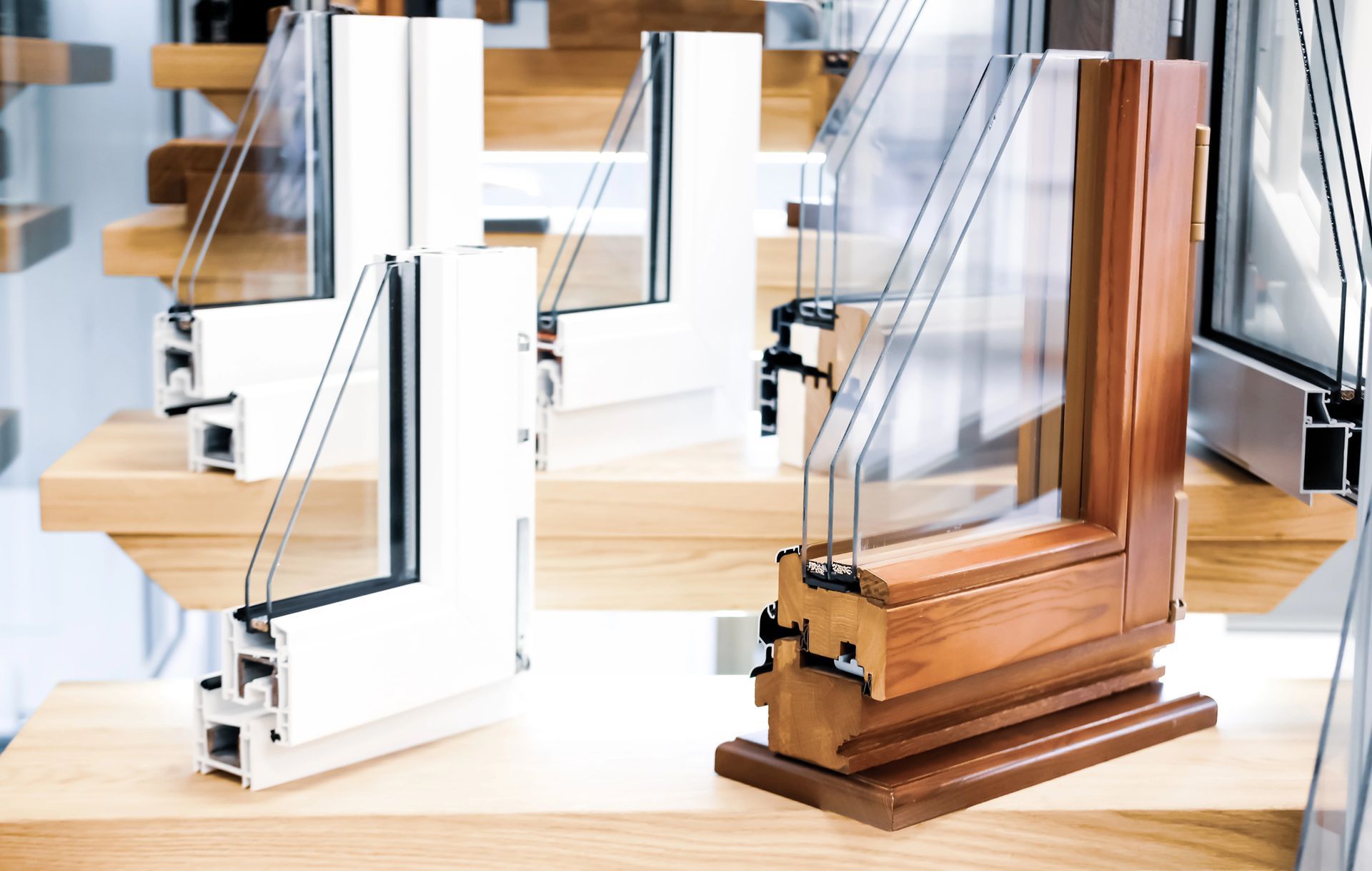 Infissi moderni in legno e bianco esposti su un tavolo da showroom.