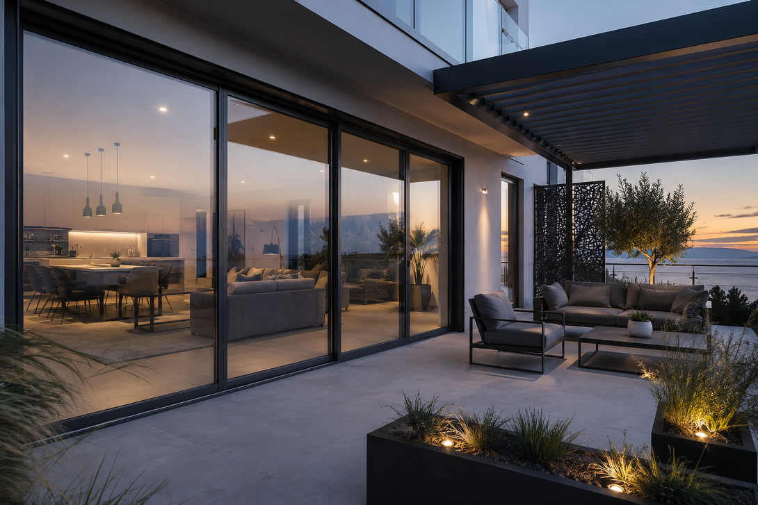 Patio moderno con porte a vetri, sedie a sdraio, fioriere e vista sul tramonto sulla città.