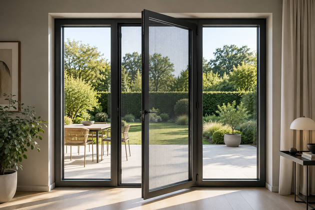Dal moderno soggiorno si aprono porte a vetri che conducono a un patio soleggiato e a un giardino verde.