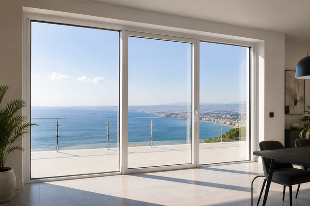 Soggiorno moderno con porte scorrevoli in vetro che si aprono su una luminosa vista sull'oceano.