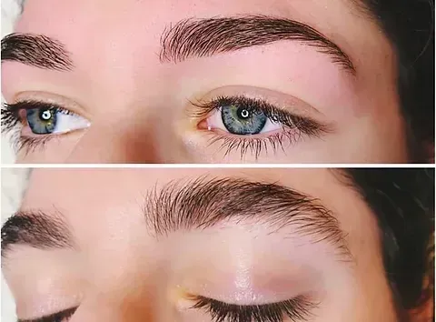 A before and after picture of a woman 's eyebrows.