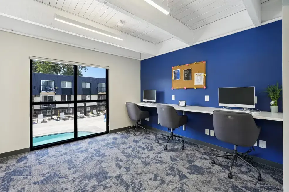 A modern study room with blue walls, three chairs, desk space, computers, a corkboard, and a large window facing a pool.
