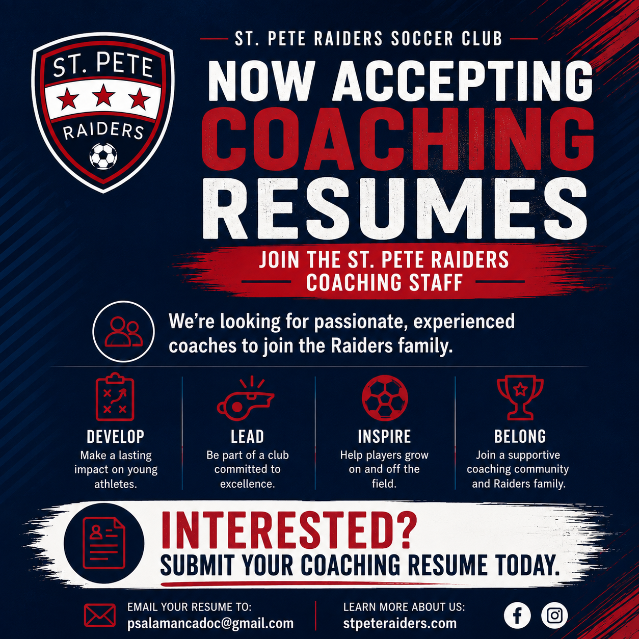 Flyer for St. Pete Raiders Coaching Staff Applications