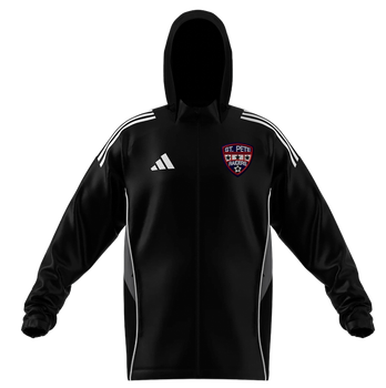 Black hooded Adidas jacket with white shoulder stripes and St. Pete Raiders logo
