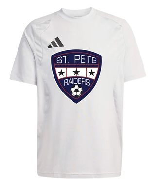 White Adidas T-shirt with St. Pete Raiders shield logo