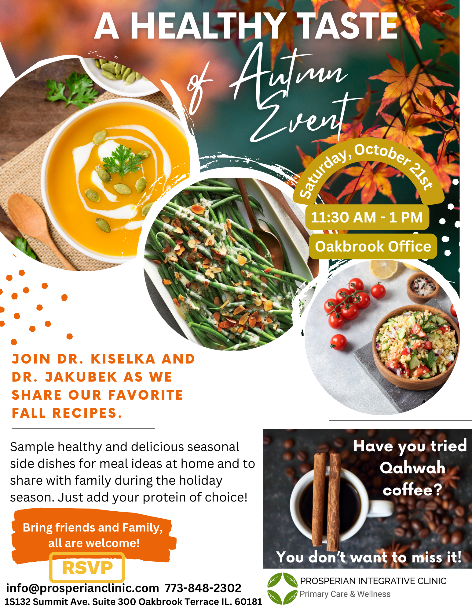 Healthy Taste of Autumn event flyer with soup, salad, and coffee; 11:30 AM–1 PM at Dalkroors Office.