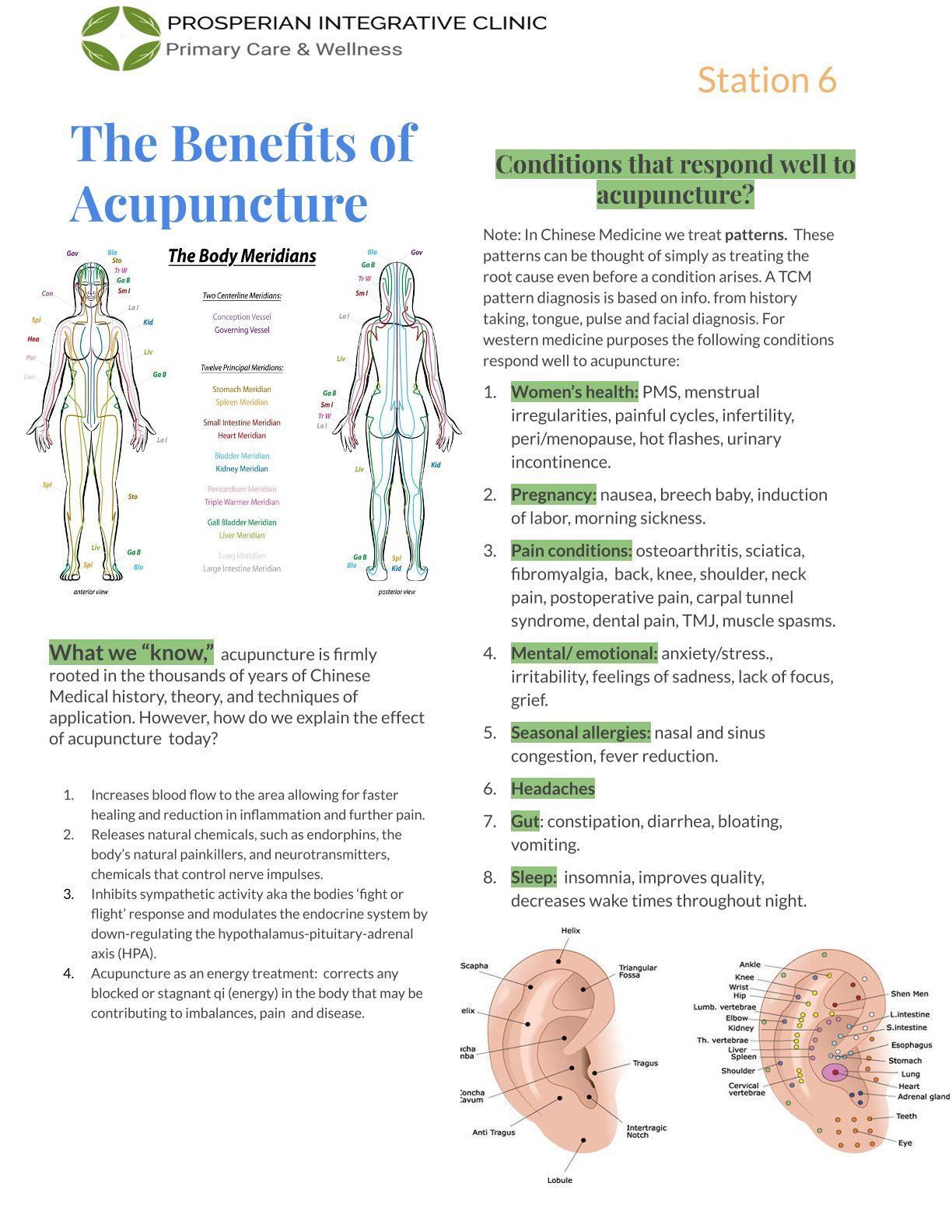 Infographic titled “The Benefits of Acupuncture,” with body diagrams, bullet points, and kidney illustrations.