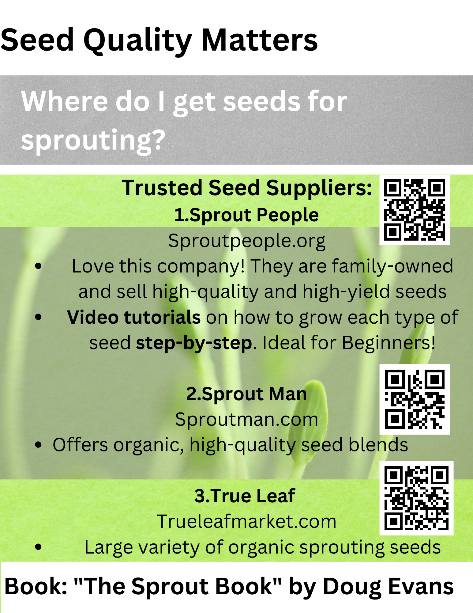 Flyer for seed suppliers for sprouting, listing SproutPeople, Sproutman, and True Leaf with QR codes.