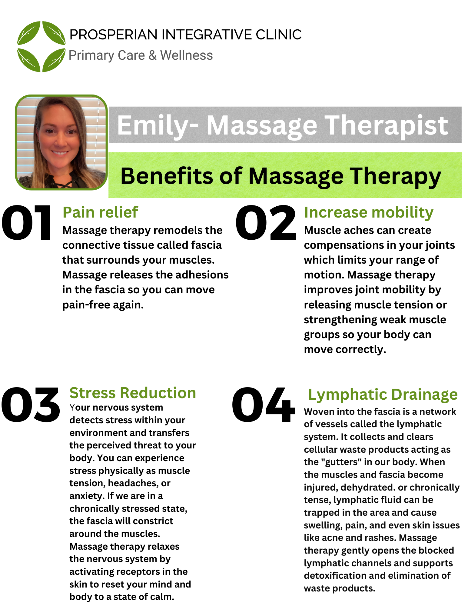 Massage therapy benefits infographic from Prosperian Integrative Clinic, with therapist photo and four numbered sections.