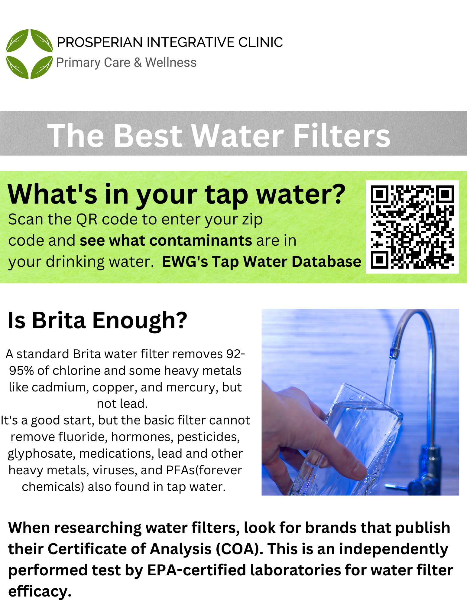 Poster about water filters and tap water contamination with green text and a water faucet photo