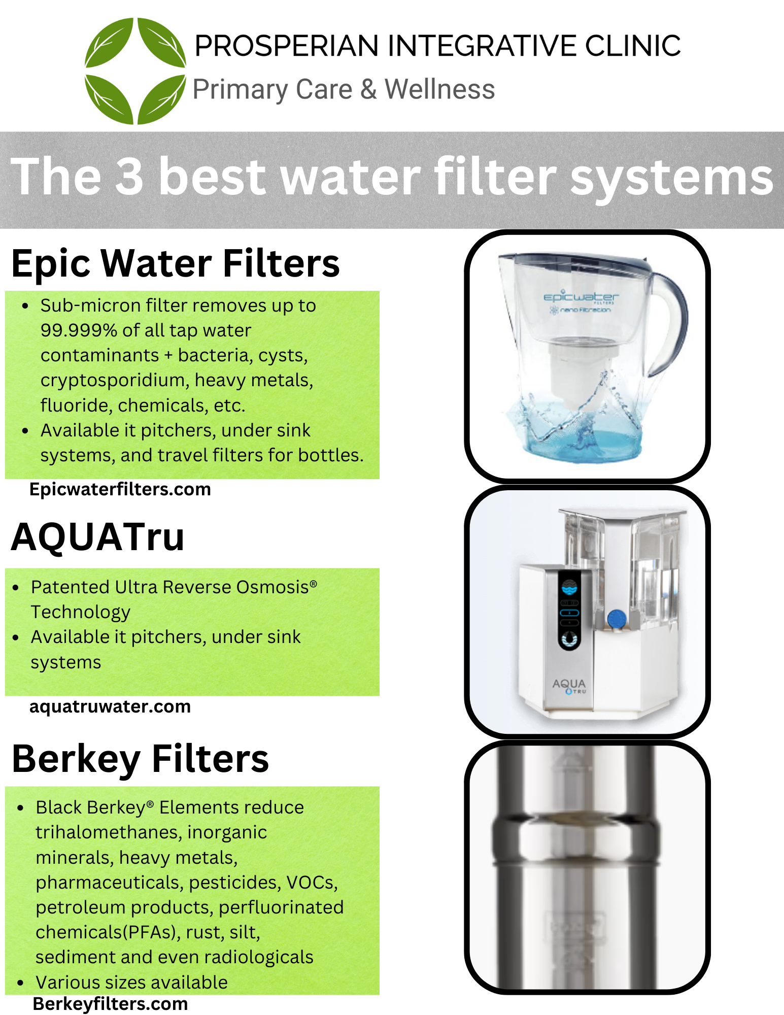 Infographic comparing three water filter systems: Epic, AQUATru, and Berkey, with product photos.