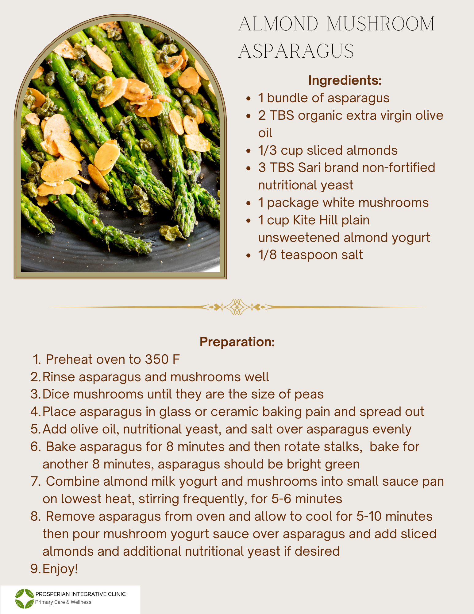 Recipe card for almond mushroom asparagus with photo of green asparagus in a bowl and ingredient list
